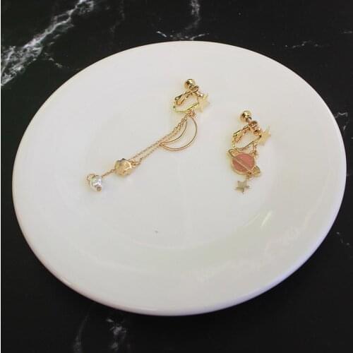 Galaxy Celestial Clip On Earrings Moon Star Long Planets Asymmetrical Earring Without Piercing Unique Jewelry For Women Ladies