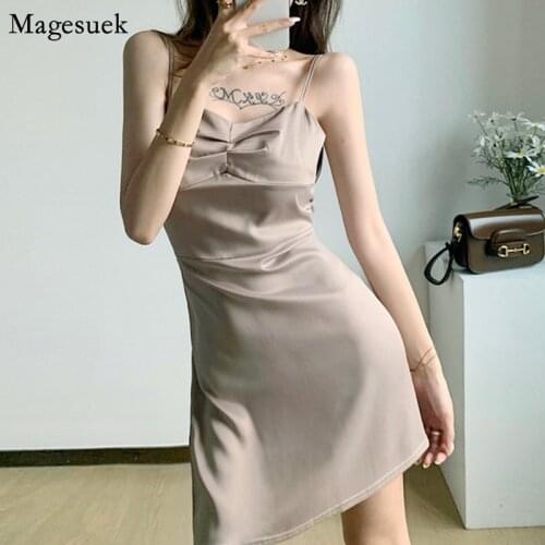 Spaghetti Strap Sexy Mini Satin Dress Party Evening A-Line Summer Dress Women Eleagnt Korean Pleated Short Dresses Vestido 15149