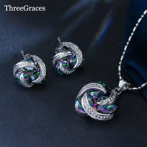ThreeGraces Natural Mystic Rainbow Crystal Jewelry Fashion Cubic Zirconia Earrings and Pendant Necklace Set for Women JS122