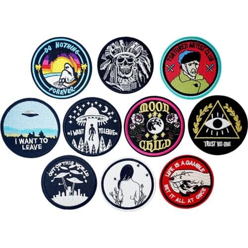 UFO ET Moon Gamble Embroidered Iron on Patches for Clothing DIY Stripes Clothes Patchwork Sticker Custom Applique