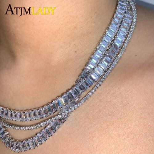 High Quality 15" 16"18'' Princess Cut 4*6mm Baguette Cubic Zirconia CZ Tennis Choker Necklace Iced Out Bling Cz Women Jewelry