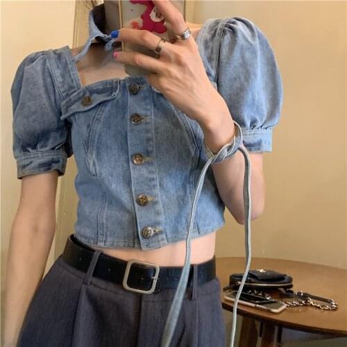 Square collar puff sleeve design short denim blouse shirt 2020 new summer womens short sleeve hole buttons tops