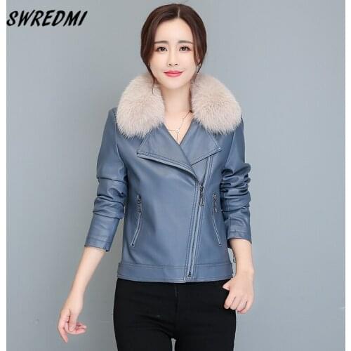 SWREDMI Leather Jacket Women Fox Fur Collar Leather Clothing Zipper Autumn Jackets Female Plus Size S-4XL High Quality Suede