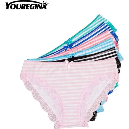 YOUREGINA Womens Cotton Sexy Stripe Print Lace Briefs Panties Low-waist Lady Female Intimates Lingerie Girl Cute 6pcs/lot M-2XL