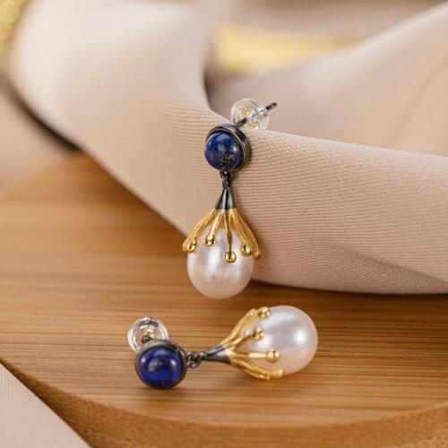 NEW 925 STERLING SILVER WITH NATURAL CYANIT FRESH WATER PEARL EARRINGS HANDMADE BLACK GOLD BAROQUE STYLE JEWELRY FOR WOMEN