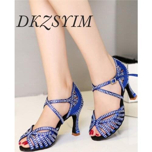 DKZSYIM Latin Dance Shoes Jazz Salsa Ballroom Shoes Woman Sandals rhinestone buckle Big small rhinestones wholesale high hells