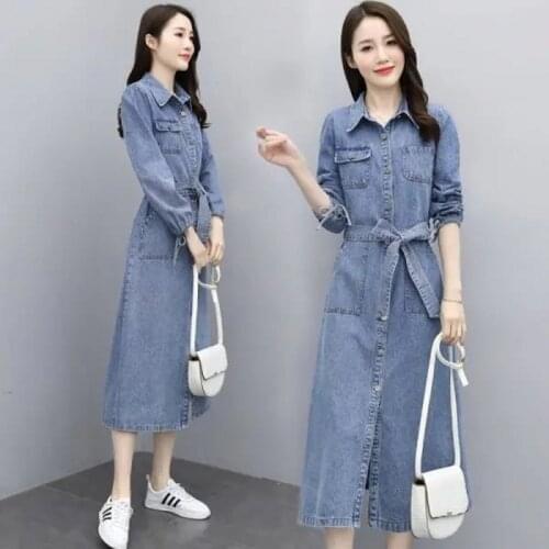 2021 spring Jeans Dress Denim Dresses Slim Jeans Long Sleeve Denim with Belt Women Denim casual dress