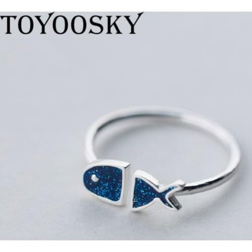 TOYOOSKY 925 Sterling Silver Animal Cute Blue Color Fish Opening Ring Jewelry Adjustable for Women Lover Party Gifts