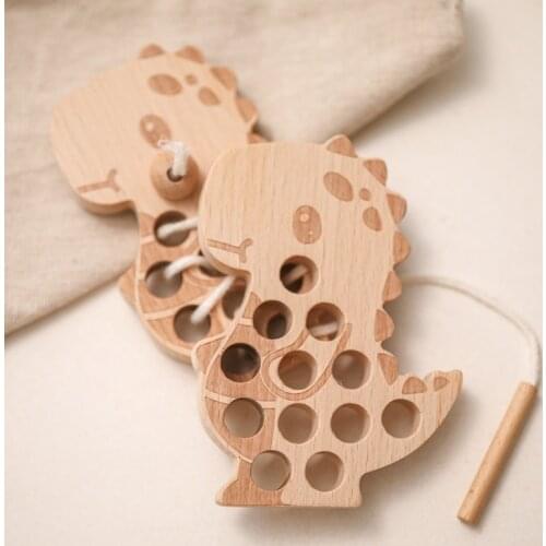 1pc Baby DIY Dinosaur Wooden Stringing Toys Monterssori Threading Lacing Beech Wood Toy Kids Birthdays Gift For Boys Girls Games