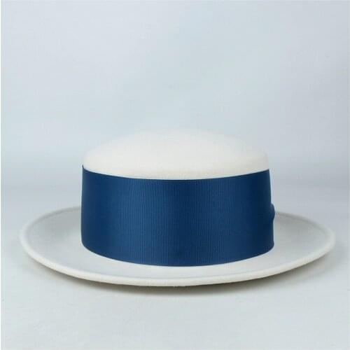 100% Wool Women Flat Top Hat With Ribbon Fedora Hat For Elegant Lady Wide Brim Church Hat Fascinator White Size 56-58CM
