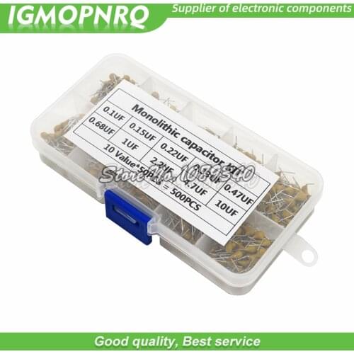 500PCS/lot Multilayer Ceramic Capacitor Assortment Kit 10Values*50PCS 0.1uF-10uF(104~106) 50V Ceramic Capacitors Set pack
