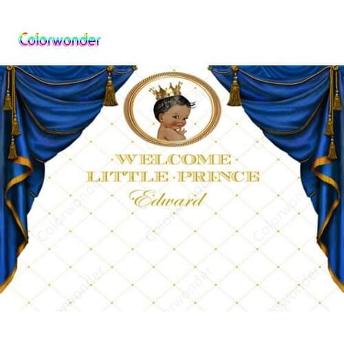 Royal Baby Shower Photo Background Blue Curtain White Wall with Gold Lines 7x5ft African Boy with Crown Backdrop for Prince