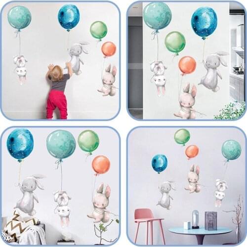 Colorful Balloon For Kids Rabbits Bedroom Wall Stickers Decoration Gray Nursery Decal Bunny O0G1