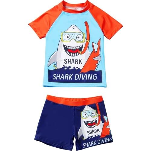 Boys Swimwear Two-piece Swimming Clothes Set Blue Round Collar Short Sleeve Tops + Shorts Kids Swimsuits Summer Beach Wear