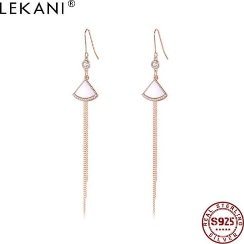 LEKANI 925 Sterling Silver Gold Color Tassel Drop Earring Geometry Fan Shaped Shell Earrings Dangle For Women Silver Jewelry