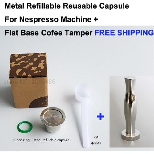 Metal Refillable Reusable Capsule For Nespresso Machine + Flat Base Coffee Tamper