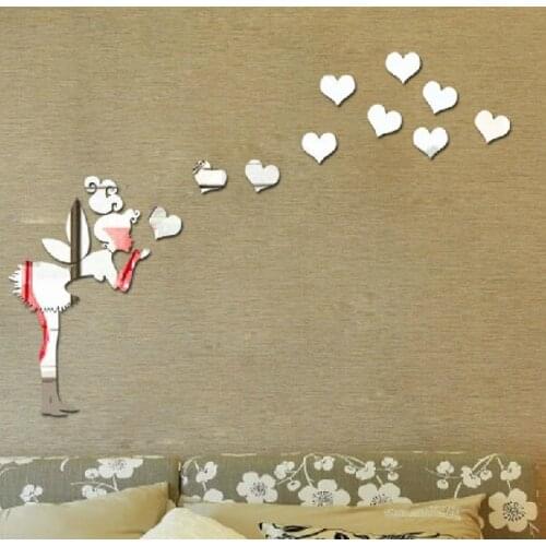 MEYA Acrylic angel mirror sticker with 10pcs heart mirrors , 3D wall mirror sticker