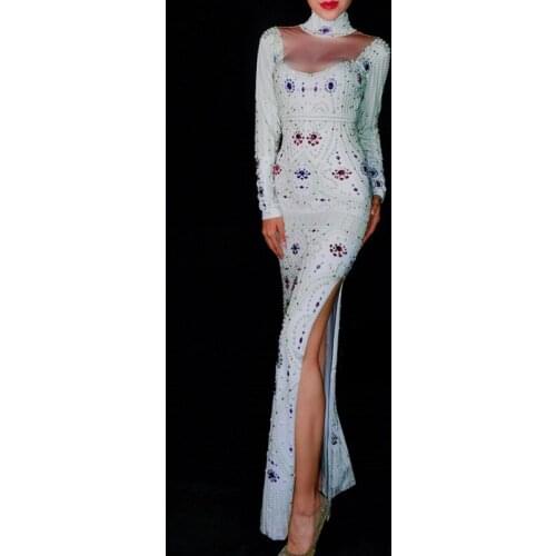 Colorful Rhinestones White Pearls Long Dress Women Luxurious Stage Outfit Prom Party Singer Nightclub Catwalk Host Show Costume