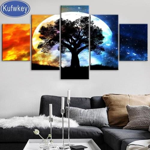 Multi-Picture 5d Round Diamond painting Giant black tree Moon 5 Piece Diamond Puzzle Pictures Diamond Mosaic Christmas Gift
