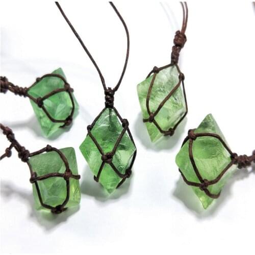 Natural Emerald Crystal Pendant Healing DT Gemstone Wand Reiki Green Fluorite Wrap Braid Necklace Yoga Macrame for Men Women