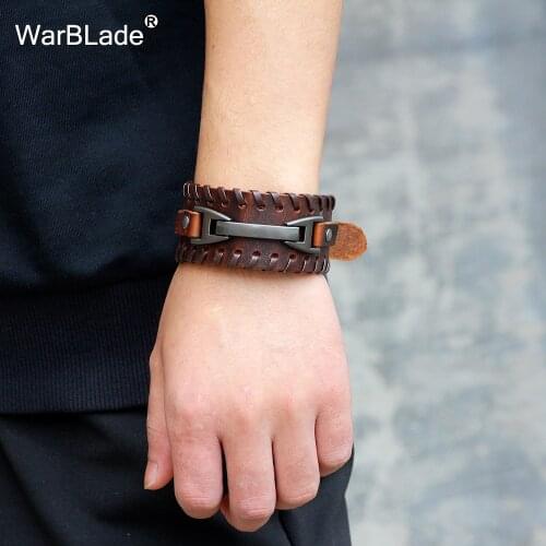 WarBLade 2018 New Genuine Leather Wide Bracelets Bangles Fashion Black Brown Men Bracelet Punk Wrap Wristband For Women Jewelry
