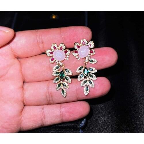 New Exquisite Flower Green Leaf Drop Earrings Fashion Inlay Full Shiny Zircon Luxury Jewelry For Women Wedding Engagement
