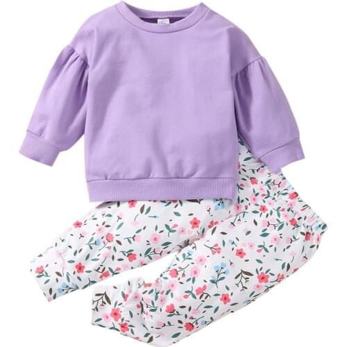 New 2Pcs Autumn Little Girls Outfit, Toddlers Solid Color Round Collar Puff Long Sleeve Tops + Floral Printing Long Pants Set