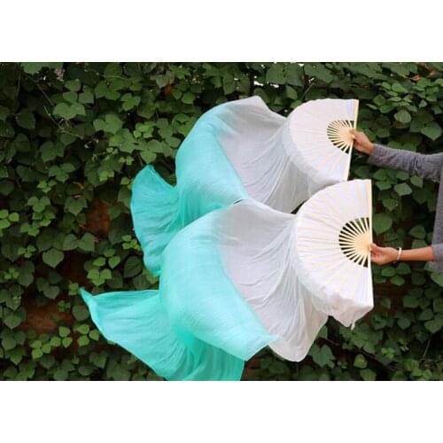 One Pair (L+R) Belly Dance Fan Veils 100% Silk Bamboo Long Fans White Start Mint Color Gradient For Children Women Free Shipping