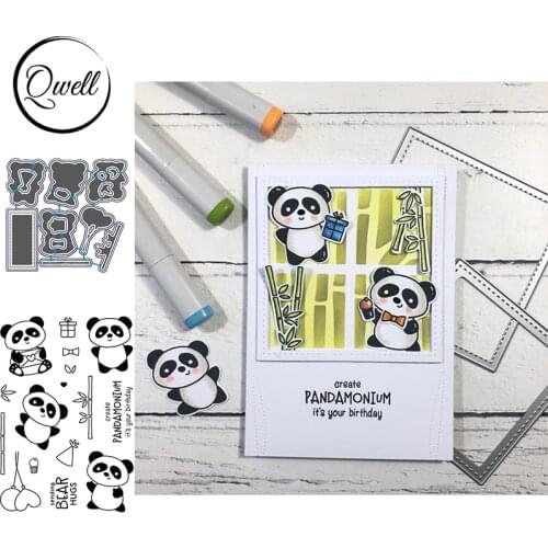 QWELL Pandas Sending Bear Hugs Metal Cutting Dies Match Clear Silicone Stamps Bamboo Leaf Balloon Gift DIY Scrapbooking 2020