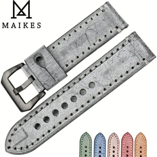 MAIKES Handmade Quality Vintage Bridle Leather Watch Strap 22mm 24mm Watch Accessories Watchband 6 Color Available Watch Band