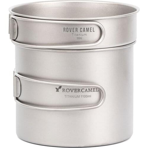 Rover Camel 0.9L /1.1LTitanium Pot+350ML Pan Ultralight Outdoor Camping Cookware Picnic Cooking Pot with folded long handle