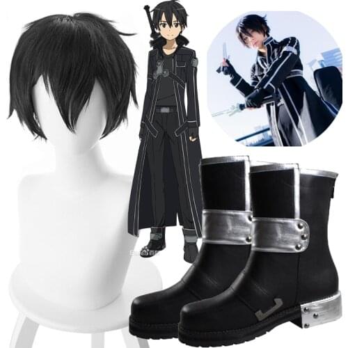 Japanese Anime Sword Art Online Cosplay Boots Kirigaya Kazuto Cosplay Shoes Boots SAO Mens Kirigaya Kazuto Kirito Cosplay Hair