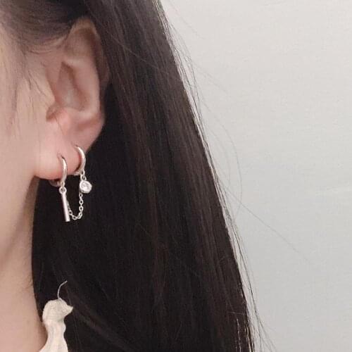 925 sterling silver earring fashion Double ear hole round zircon Vertical bar chain tassel ear bone popular boy girl ear jewelry