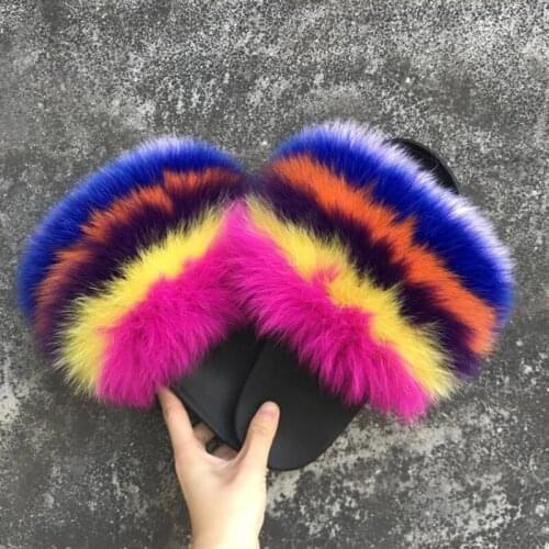 Women Colorful Fox Fur Slippers Ladies Fluffy Slides Female Luxury Sandals Girls Fashion Plush Flip Flops Hot Sale House Shoes