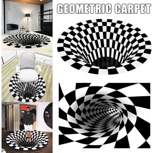 Nordic Carpet Bedroom Rugs Black White Grid Printing 3D Illusion Vortex Bottomless Hole Crystal Velvet Carpets for Living Room