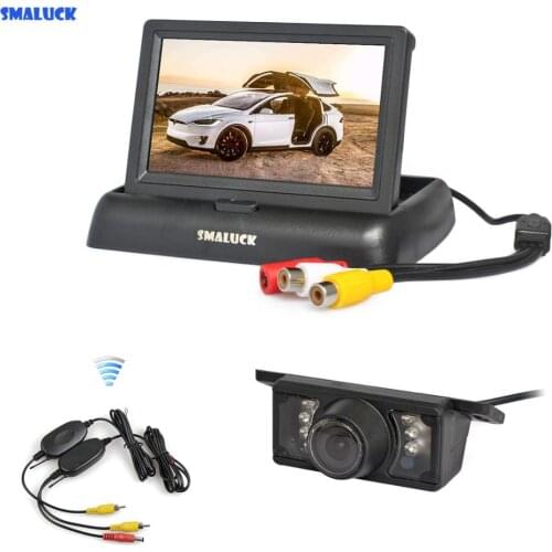 SMALUCK Wireless 4.3" Foldable Car Monitor Reversing Camera Kit Back Up HD Rear View Car Camera IR Night Vision