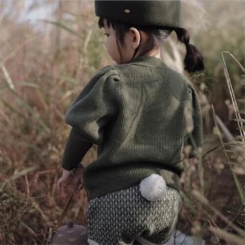 Baby Girls Sweater Children Knitwear 100% Woolen Knitted Baby Sweaters Clothes Puff Sleeve Pompom Kids Pullover Sweater For Girl