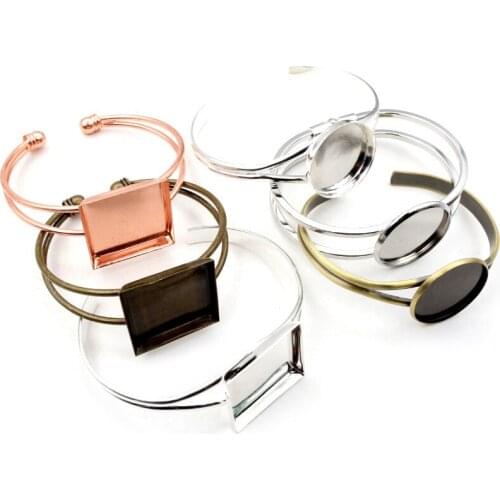 High Quality 25mm Silver Plated 2 types Square Bangle Base Bracelet Blank Findings Tray Bezel Setting Cabochon Cameo