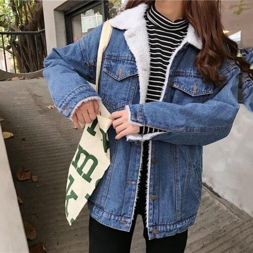 2019 autumn winter new women lamb hair denim jacket coat female BF loose Korean plus velvet padded coat lady denim outerwear d06