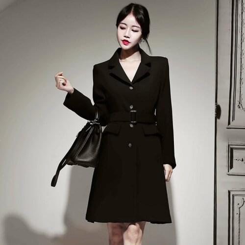 Plus Size Spring Black Blazer Dress Ladies Long Sleeve Singer Breasted Corset OL Office Work Dress Women Solid Midi A Line Dress