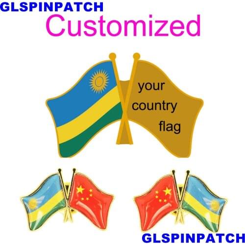 Rwanda Crossed Friendship Flag Double Country lapel pin Brooch USA UK France Chile Russia Saudi Arabia Japan Spain Badge