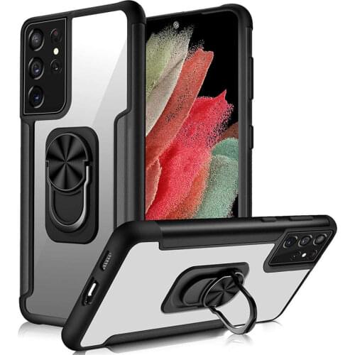 Magnetic Metal Ring Holder Armor Shockproof Case For Samsung Galaxy S21 Ultra S21 Plus Metal Bumper TPU+PC Transpanet Back Cover