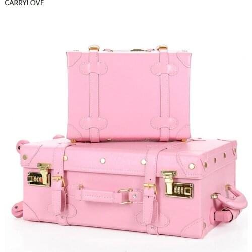 CARRYLOVE High quality girl PU leather trolley luggage bag set,lovely full pink vintage suitcase for female,retro luggage gift