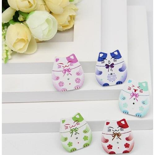 50 Pcs/Pack 25x22mm Wooden Cartoon Painted Lucky Cat Buttons DIY Handmade Accessories Clothing ChildrenS Clothing Decorative