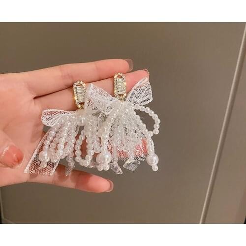 Statement White Bowknot Pearl Tassel Drop Dangle Earrings For Women Korean Style