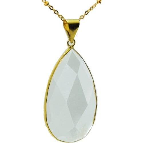 Water Drop Faceted Crystal Quartz pendant necklace,natural gem stone clear quartz crystal necklace with edge gold plating