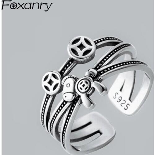 Foxanry Wholesale 925 Sterling Silver Vintage Handmade Rings Creative Cross Twining Party Jewelry for Women Size 17mm Adjustable