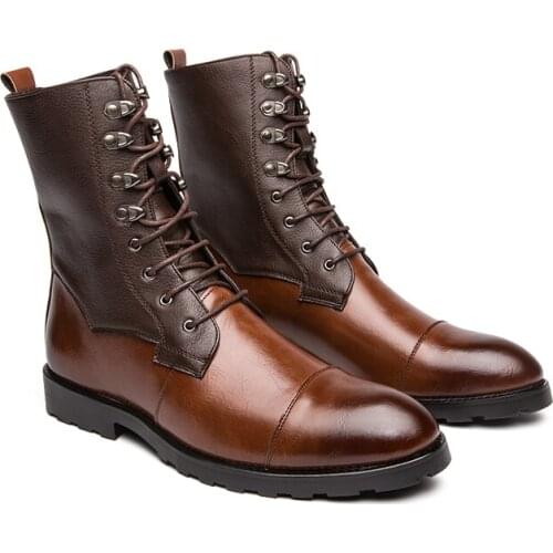 Fashion high-end leather mens Martin boots, casual non-slip fashion boots, high-top personality color matching motorcycle boots