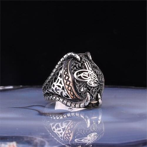 Clawed Ottoman Monogram Motif 925 Sterling 925 K Silver Men 'S Ring
