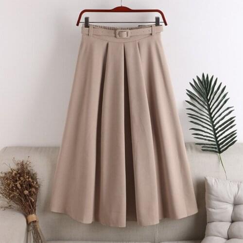 Neophil Womens Basic Pleated Midi Skirts Sashes High Wasit Winter Solid A-Line Skirts Falda Plisada Office Lady Work Wear S9901